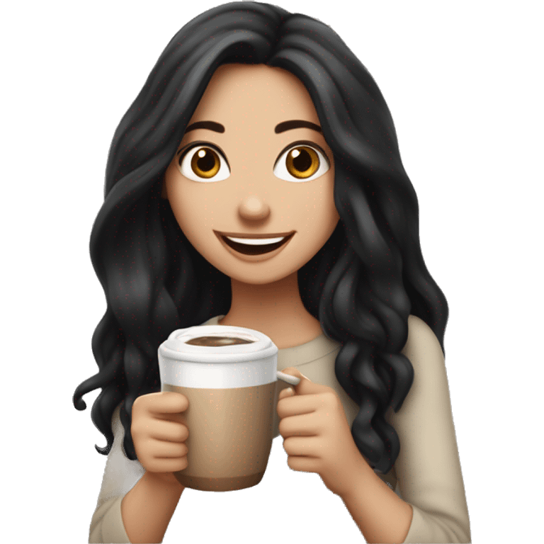 White girl with long black hair holding a cup of hot chocolate and smiling  emoji