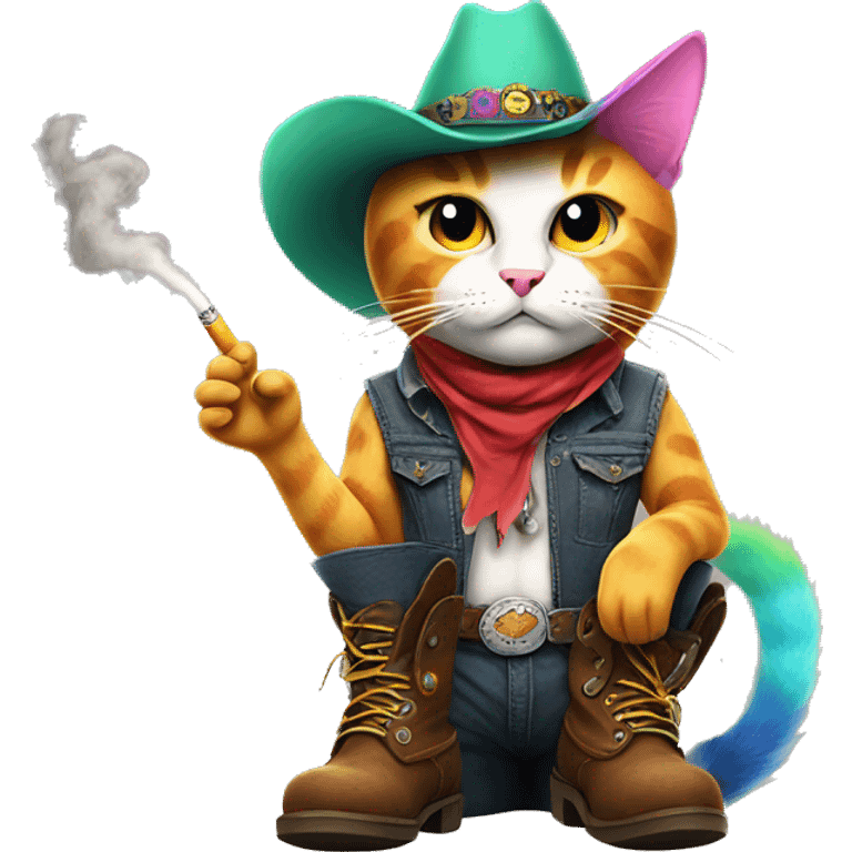 Rainbow cat with a mohawk smoking, a cigarette wearing cowboy boots emoji