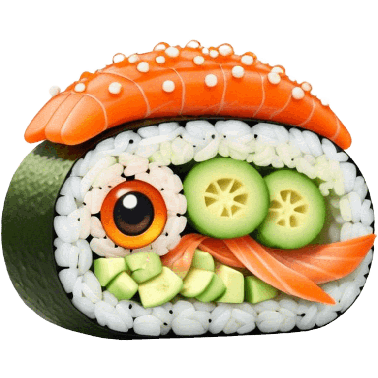 Cute Kawaii California Roll, tiny and round, cute layers of avocado, crab, and cucumber, wrapped in bright orange fish roe, a joyful winking face, tiny sesame seed freckles! emoji