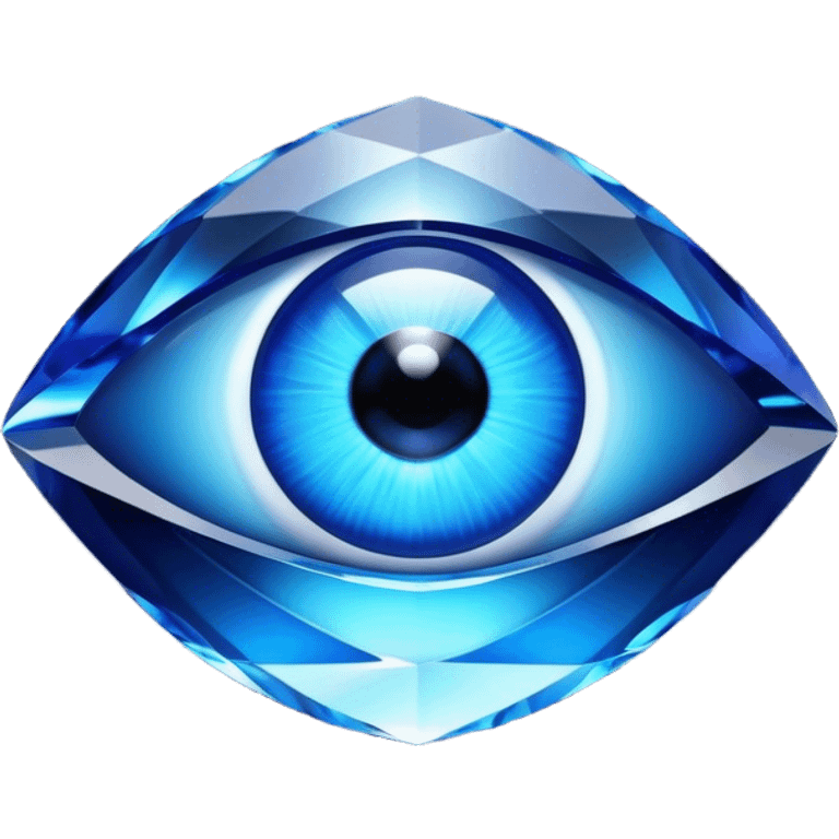 Cinematic Realistic image of a glass Evil Eye blue stone, rendered with translucent, luminous blue hues and finely cut facets that catch soft reflective light, set against a dark, minimalist backdrop to emphasize its mystical allure. emoji