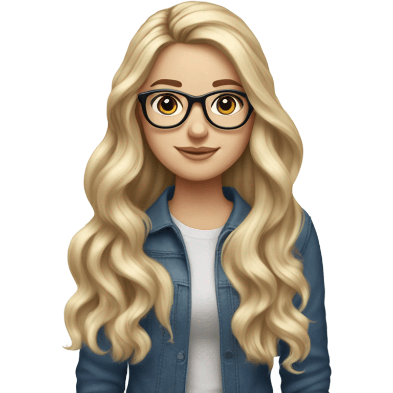 White girl blue eyes and glasses with long voluminous blonde hair with highlights balayage holding a laptop 
 emoji