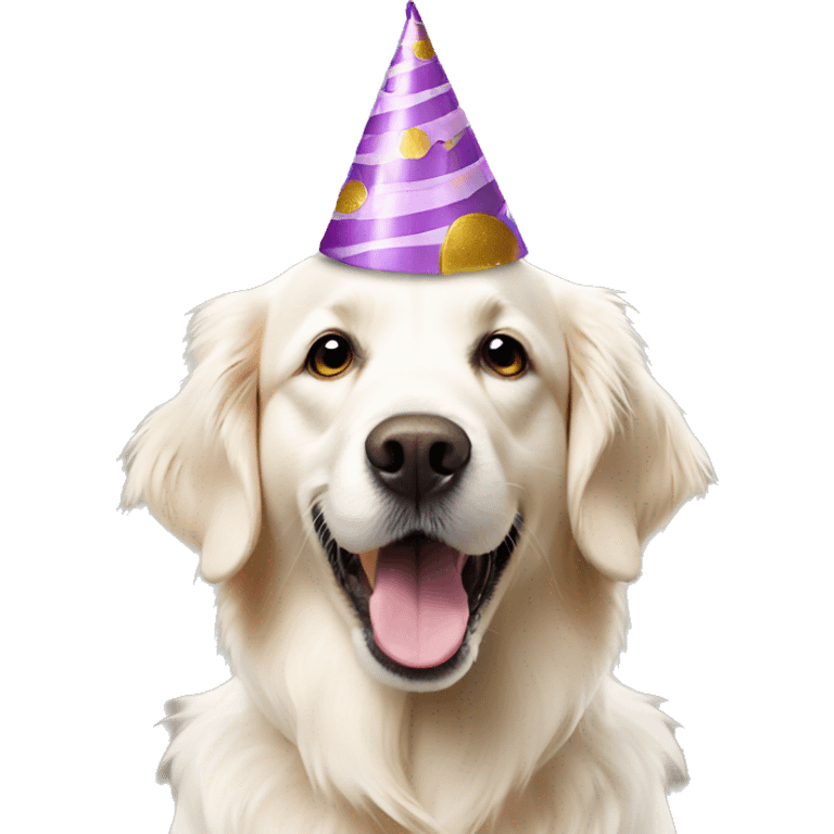 white golden retriever with birthday cake and party hat emoji