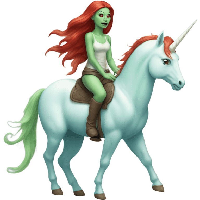 [politically incorrect
	{ woman: alien, color: light green, hair:red, eyes:cat} ]
	on a 
	[{ unicorn: white, legged:four, mane: light blue }] emoji