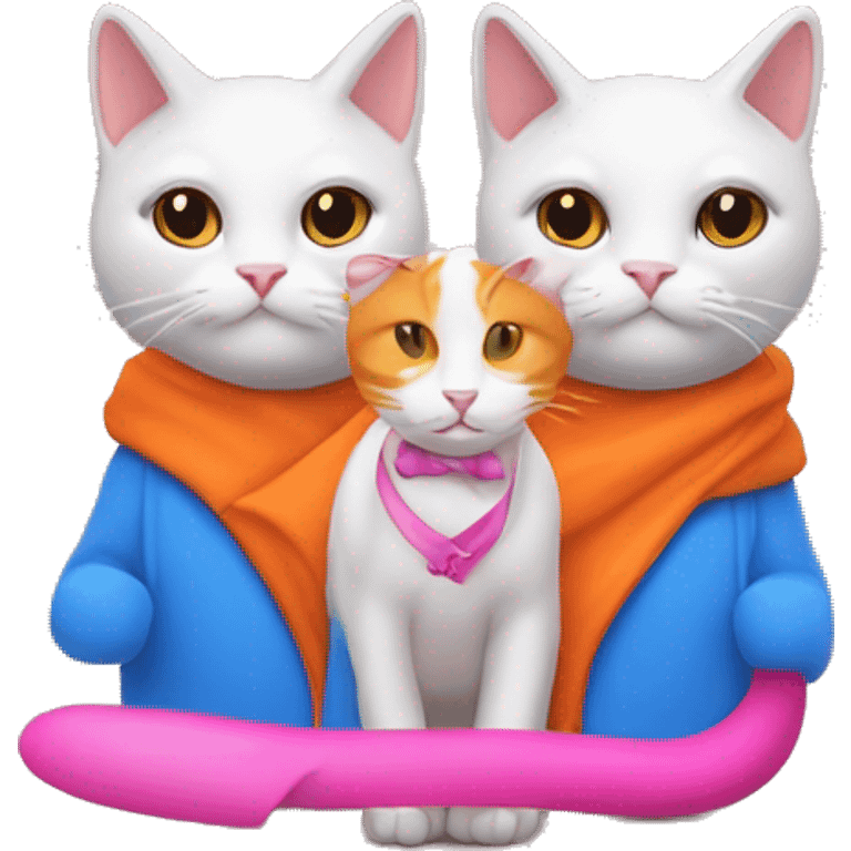 Dos gatos, uno de ellos naranja con un lazo azul y otro de ellos carey con un lazo rosa  emoji