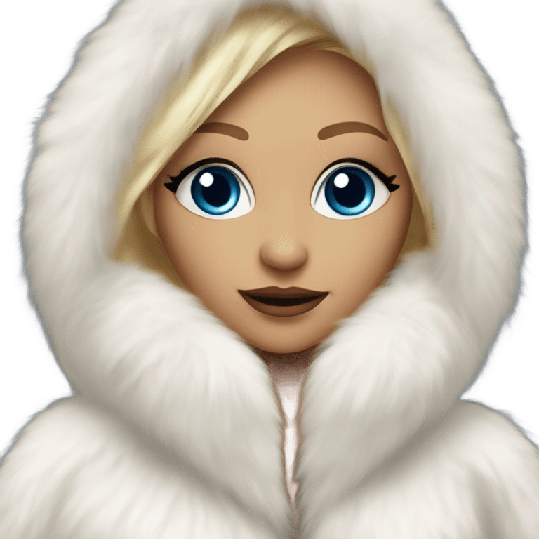 Tanned Girl with lashes and blue eyes, blonde hair, in a extremely big fluffy oversized white fur coat with hood on. The fur is real and it’s very obvious big and fluffy  emoji