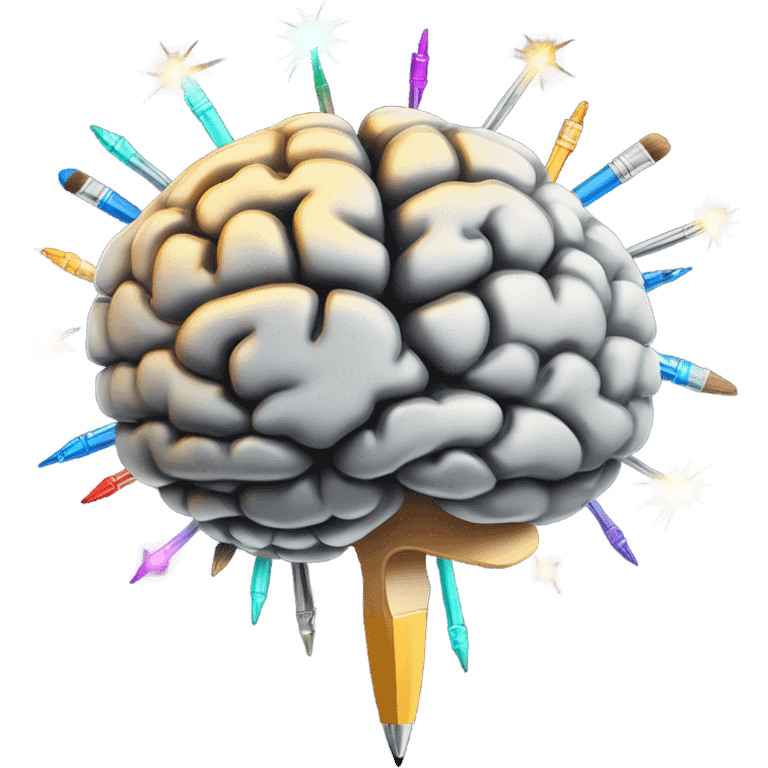 A glowing brain with small artistic tools (paintbrush, pen) orbiting around it like electrons, with sparkles or pixels emanating outward in a creative burst pattern.  emoji