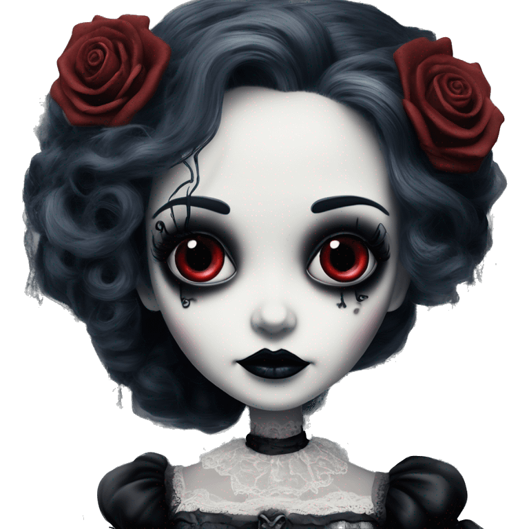 tim burton corpse bride, porcelain doll with a cracked face, goth makeup, long hair, lace and ruffles, lolita style, inked, black and white, red roses emoji