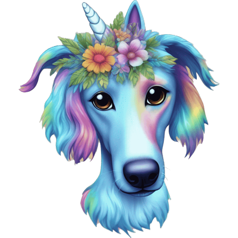 Multicolored rainbow retro groovy tie dye hippie trippy floral patterns on a metallic holographic iridescent blue dog face head unicorn emoji