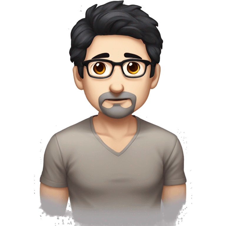 masterpiece, anime style, chibi, illustrated logo, emote for twitch of a 46 year old man, oval face, black hair, wrinkles on forehead, brown eyes, white skin, inky shirt, short hair, glasses, working in his computer
 emoji