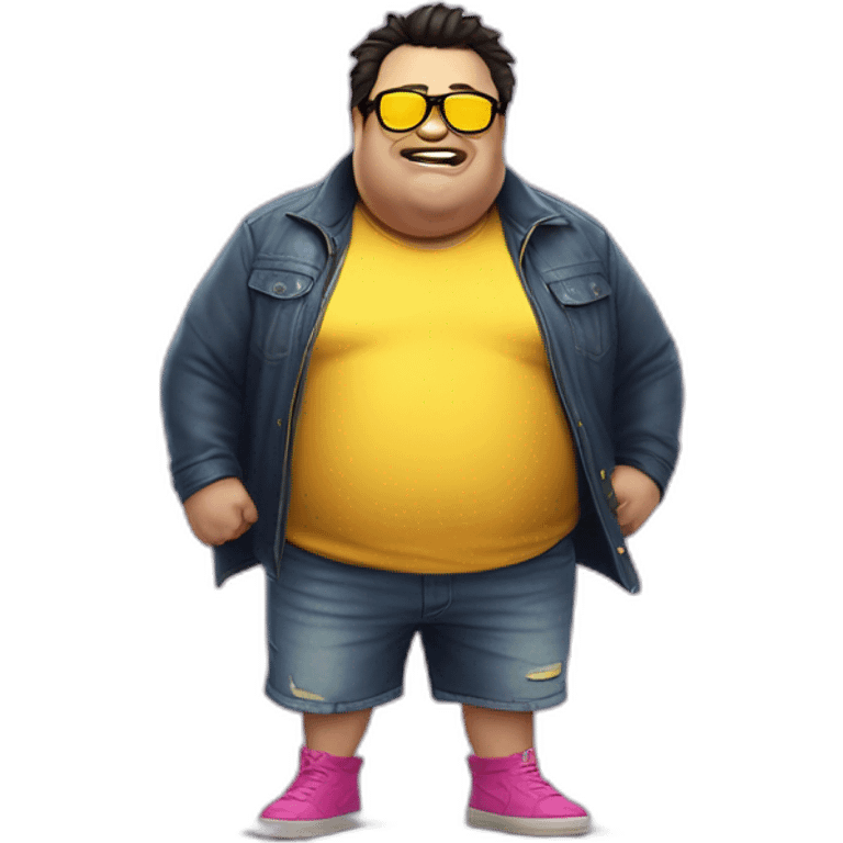 fat man with dark hair,a vibrant long yellow jacket, pink glasses, short jeans shorts. Show full lenght peson, person fighting a monster as superhero emoji