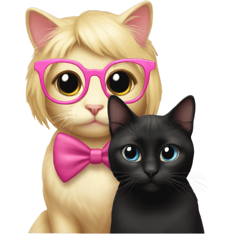 blonde cat with glasses kissing short black cat that has a pink bow on her head  emoji