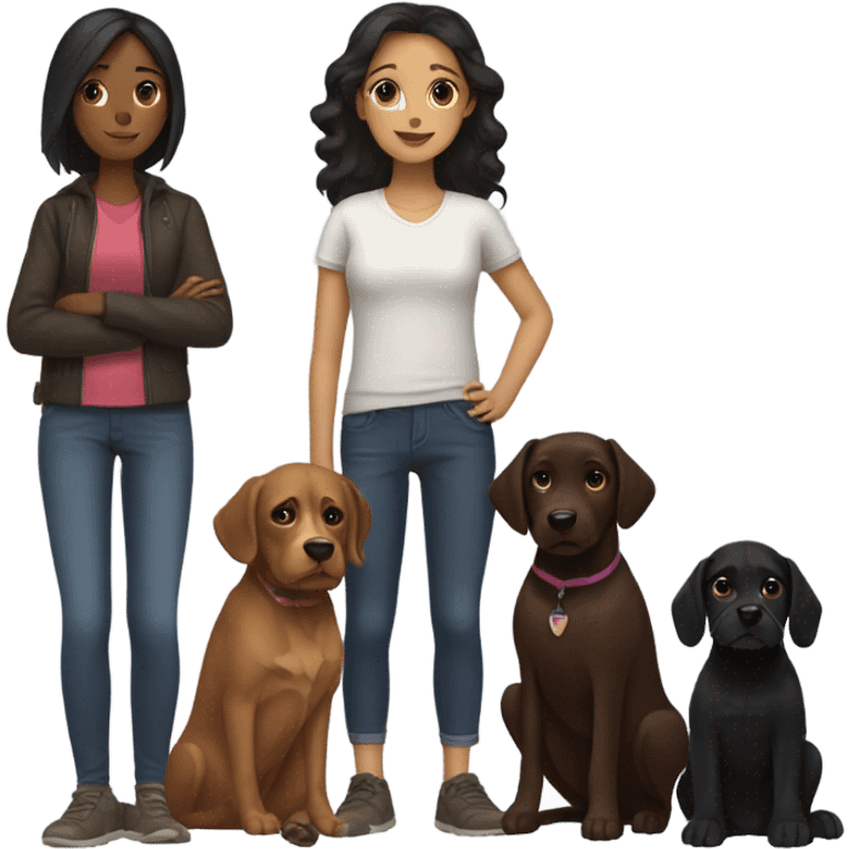 Girl with dark brown hair woth 1 black dog and 1 brown dog  emoji