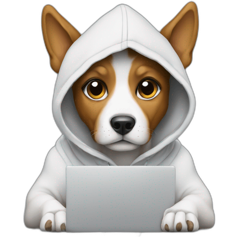 Dog with hoodie programming with paws on a laptop emoji