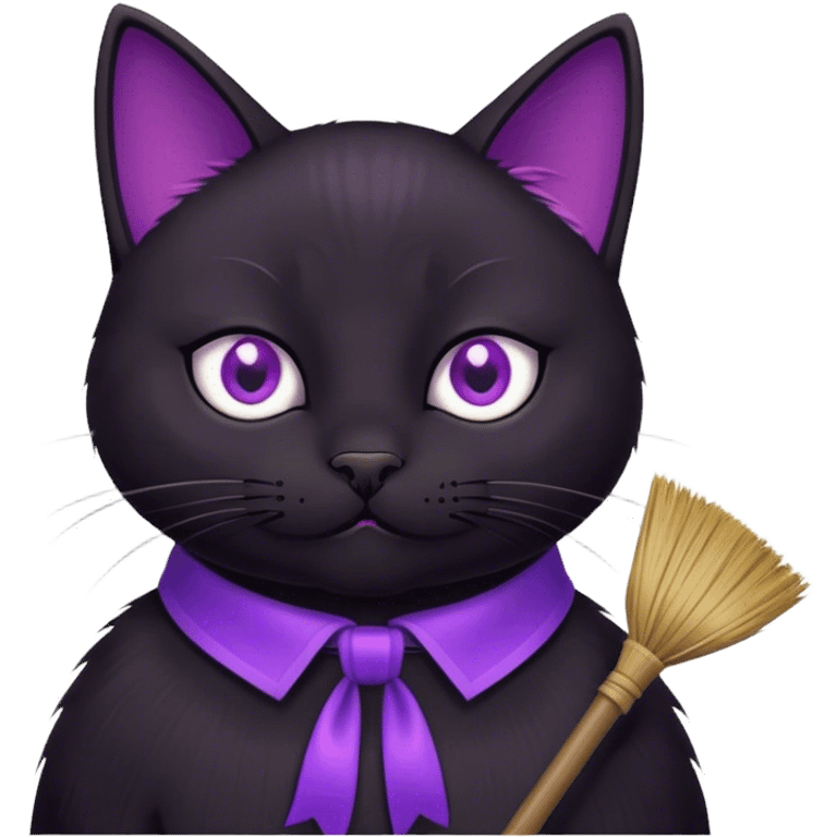 black  cat with a broom, purple collar emoji