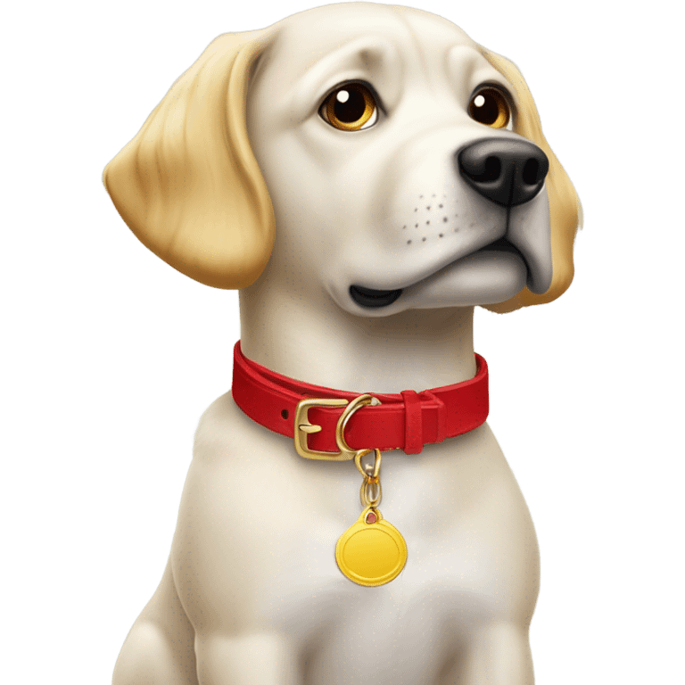 Put a Red leather dog collar and golden tag on a blond white human female with medium length hair and add a red leash connected to the collar emoji