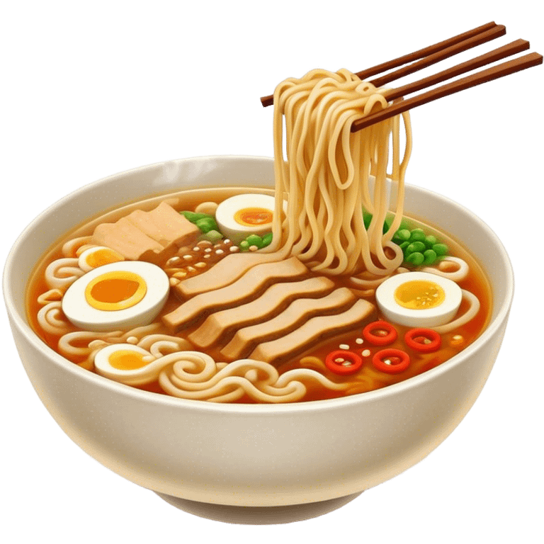 Cinematic Realistic Ramen Dish Emoji, showcasing a steaming bowl of rich broth with noodles and toppings rendered with dynamic textures and inviting, warm lighting. emoji