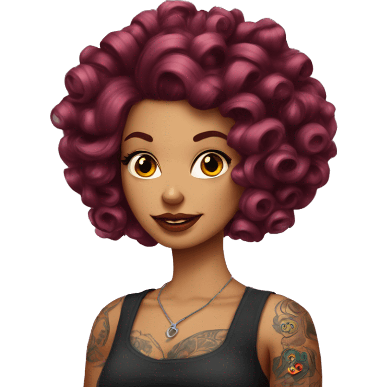 Beautiful tattooed  burgundy long haired woman with curlers in her hair emoji