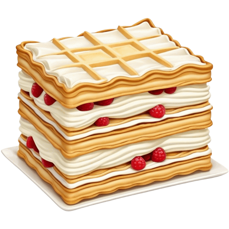 Mille-feuille Cinematic Realistic Mille-Feuille Dessert Emoji, depicted as a delicate pastry composed of two crisp layers of puff pastry with a rich cream filling, rendered with intricate textures and elegant, soft lighting. emoji