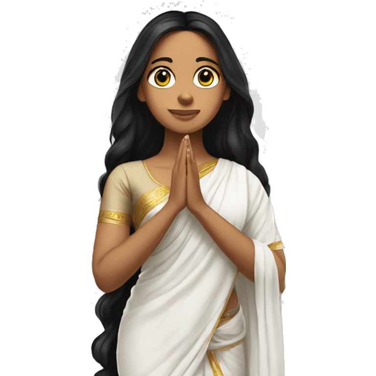 Light skin ;Black long hair wearing white saree praying infront a white temple emoji