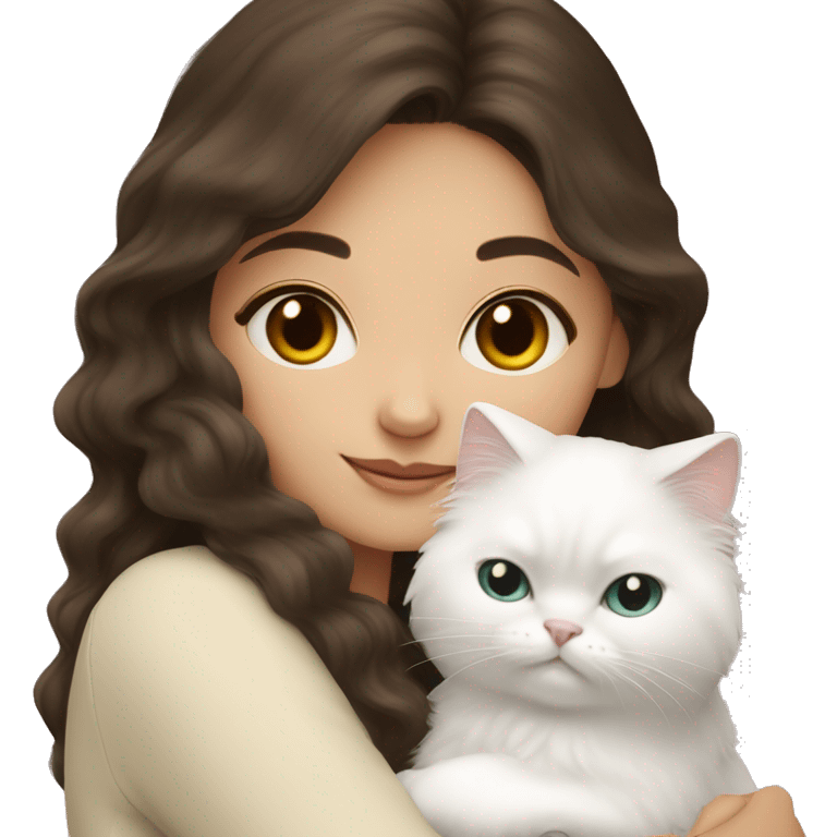 Brunette Spanish girl snuggling white Persian cat emoji