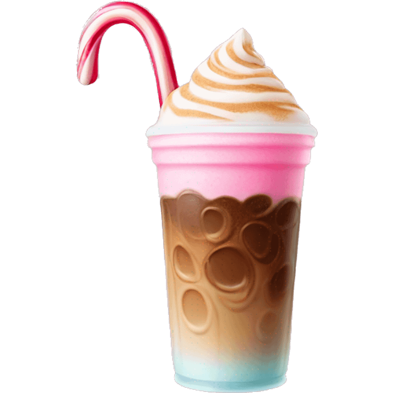 Iced coffee that ombres into pink foam on top & a candy cane  emoji