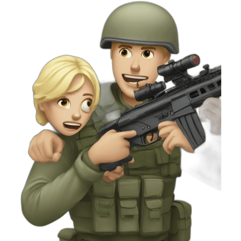 a Russian blond guy soldier is attacked by a drone emoji