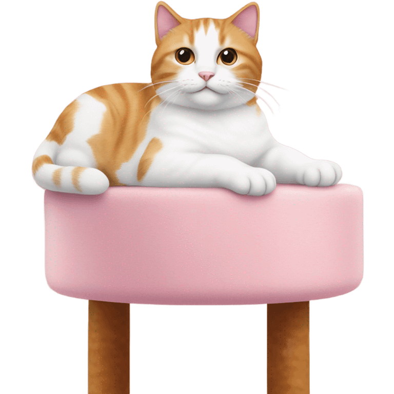 A chunky white and ginger cat on top of a pink cat tree emoji