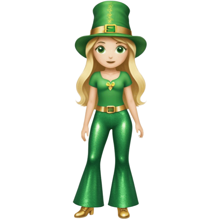 Blonde haired girl in glittery green bell bottoms and tall leprechaun hat emoji