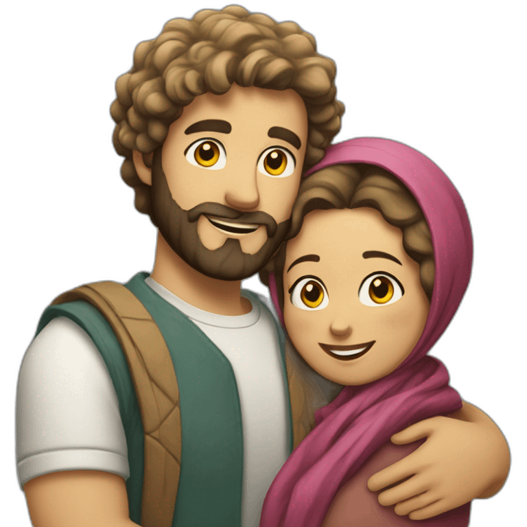 guy with beard and wavy hair hugging woman with headscarf emoji