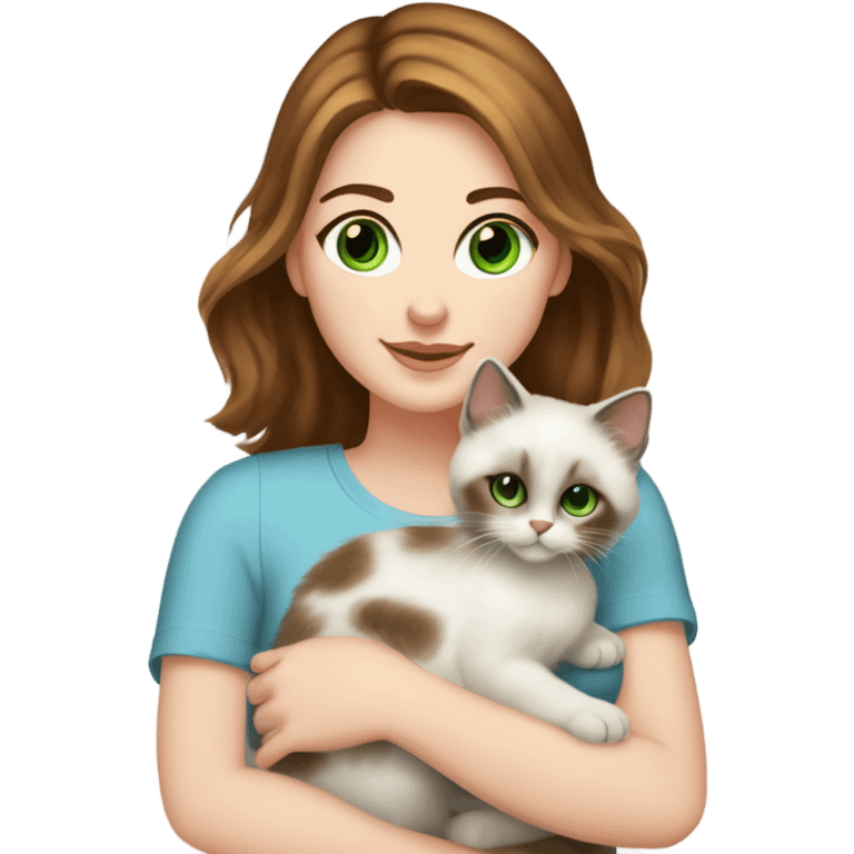 white woman with medium-length brown hair, green eyes and freckles on her nose, holding her birman kitten in her arms with much love, the baby cat has blue eyes, a lot of spots of dark on ears and middle of the face. emoji