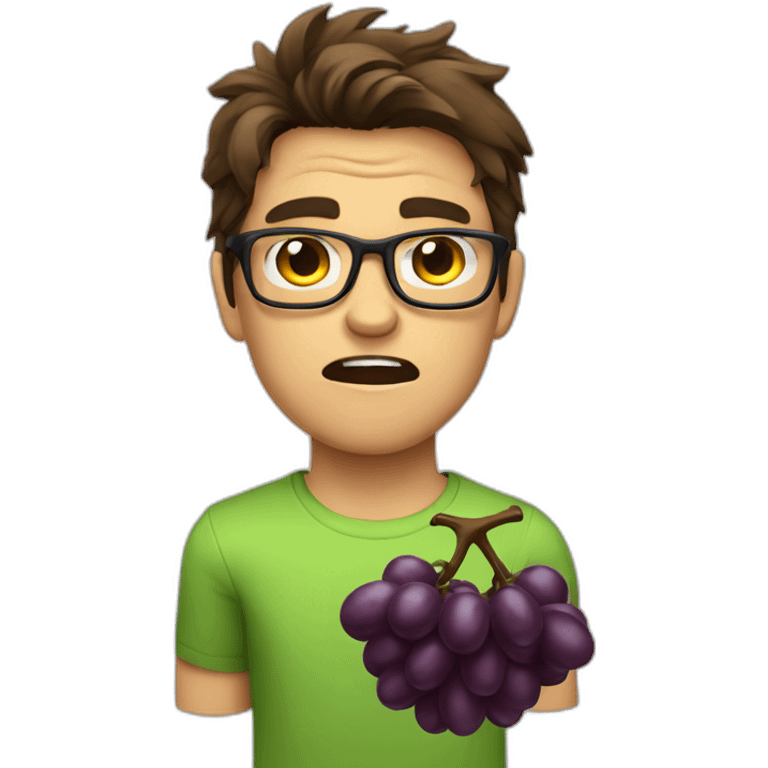 brown haired young and angry men with glasses, violently throwing grapes emoji