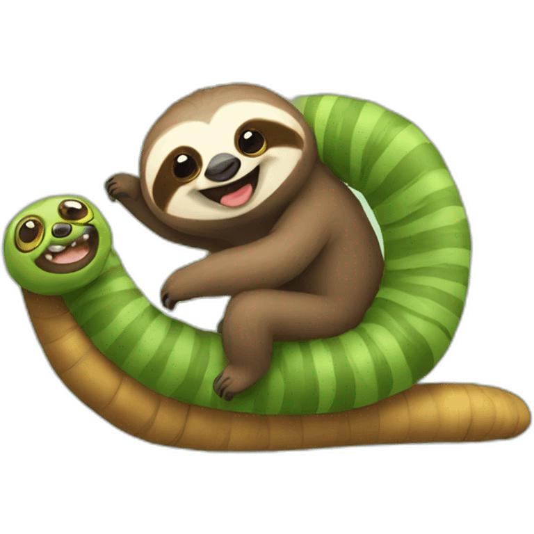 Sloth riding a smiling caterpillar emoji