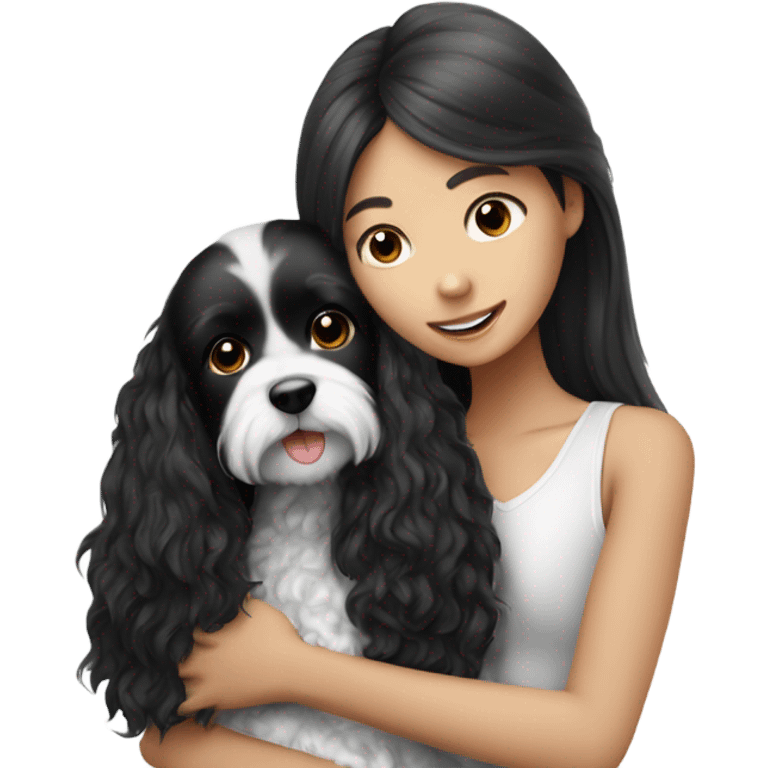 Black and white cavoodle getting hugged by long hair Asian girl emoji