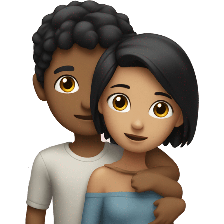 A girl with black hair hugs a little boy with blond hair emoji