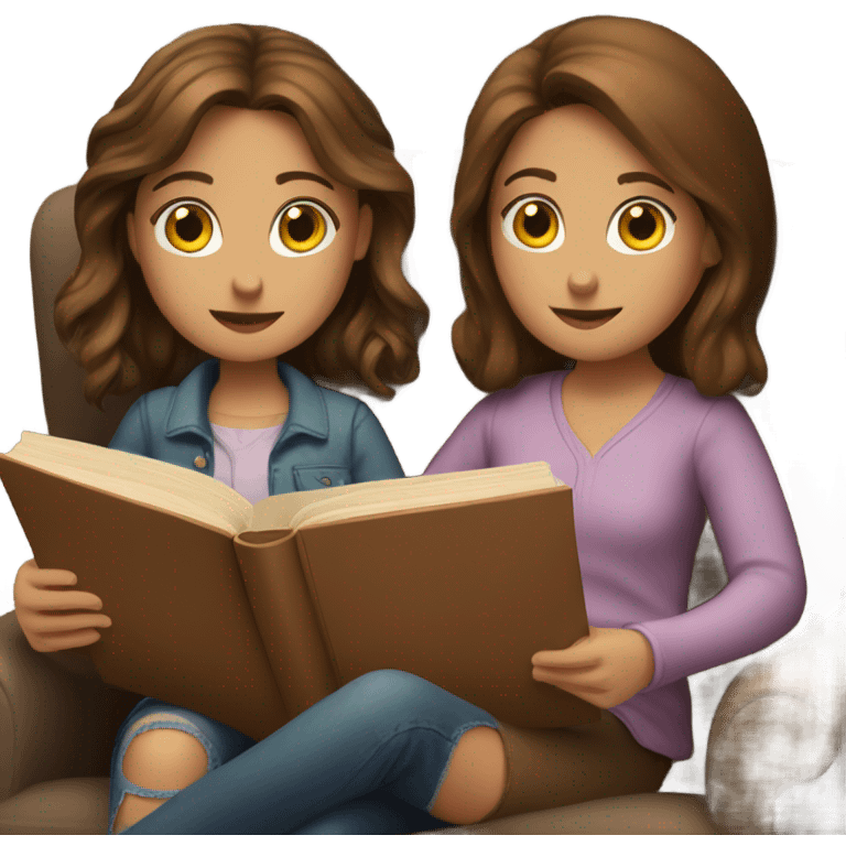 Two girls with brown hair sitting in cozy chair reading books together  emoji