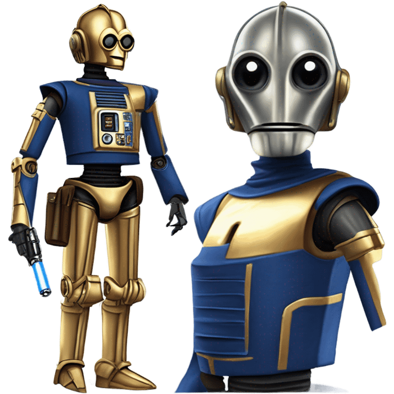 human-sized darkblue-pearl friendly smiling bounty hunter c3po droid wearing leather wild west duster, backpack, saddlebags holding light saber ready to fight but relaxed. steampunk emoji