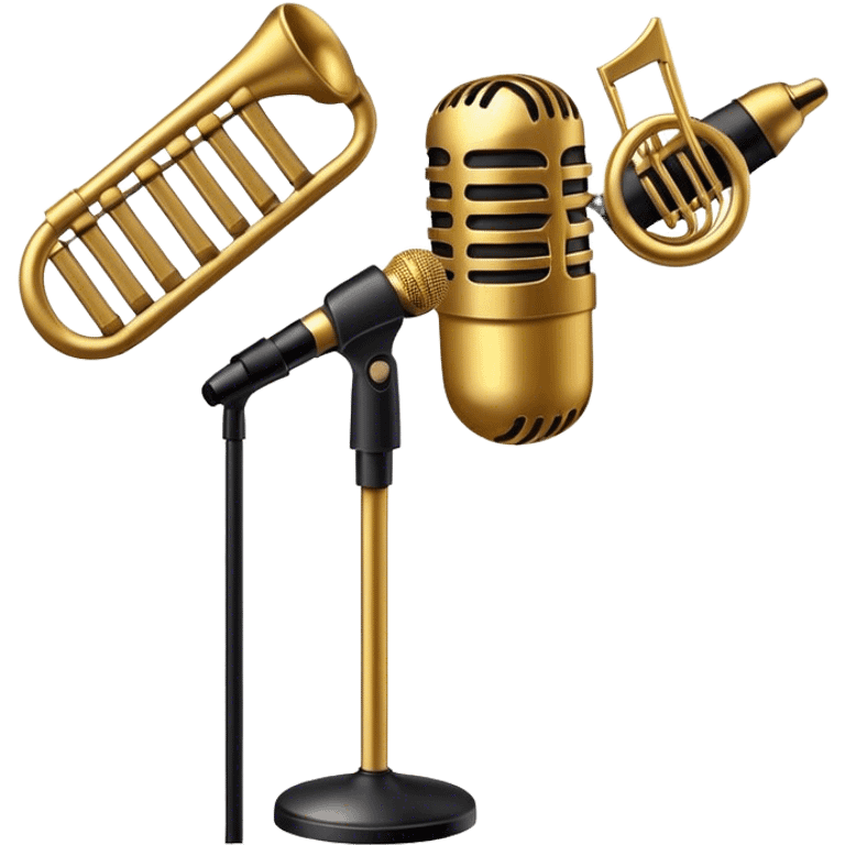 Create a sophisticated and smooth emoji representing jazz vocal performance. The design should feature a stylized microphone, with musical notes swirling around it to convey the fluid, improvisational nature of jazz. Add subtle elements like a vintage microphone stand or a hint of a singer’s silhouette in the background to reflect the live, intimate feel of jazz performance. Use deep, rich colors like gold, black, and burgundy to evoke the classic, smooth vibes of jazz. The background should be transparent. emoji