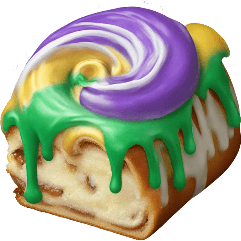 Realistic slice of cinnamon roll king cake with green,yellow,and purple icing. emoji