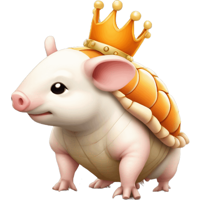 Orange and white piebald chubby round armadillo pig panda centipede armadillo wearing a crown emoji