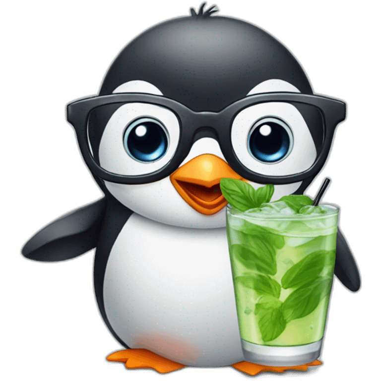 baby penguin with big glasses drinking mojito emoji