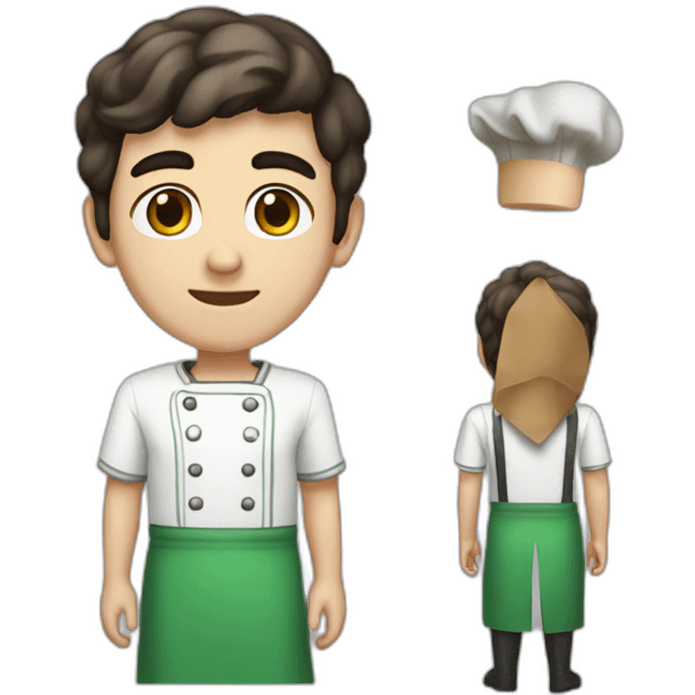 A male teenager with very short dark hair and brown eyes dressed as an Italian cooker emoji