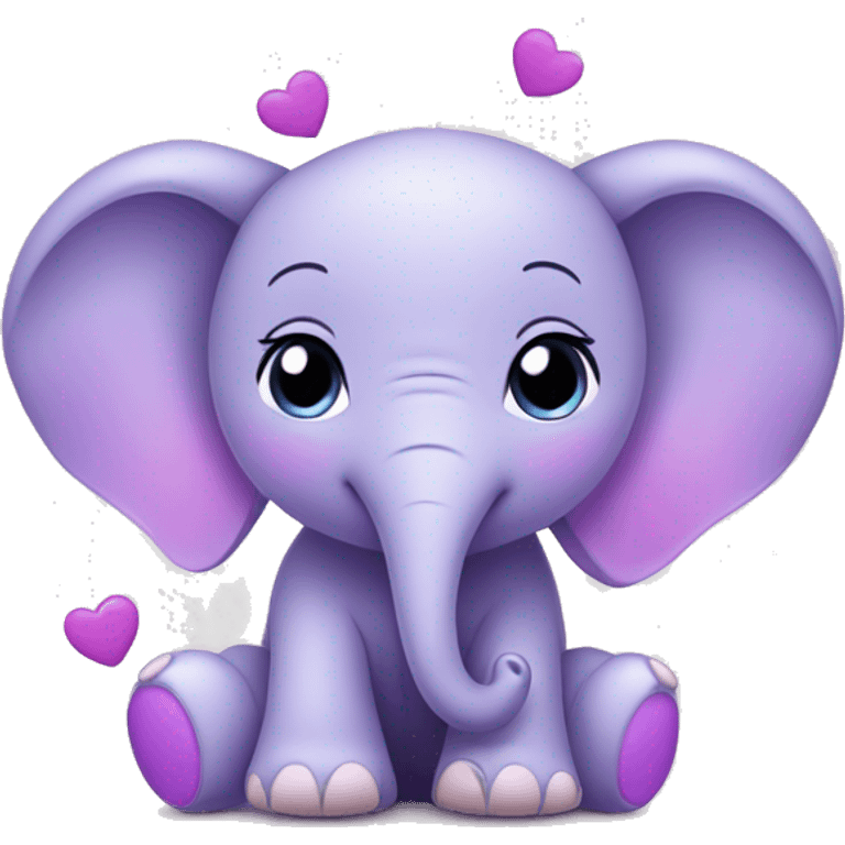 lilac cute baby elephant surrounded by purple hearts emoji