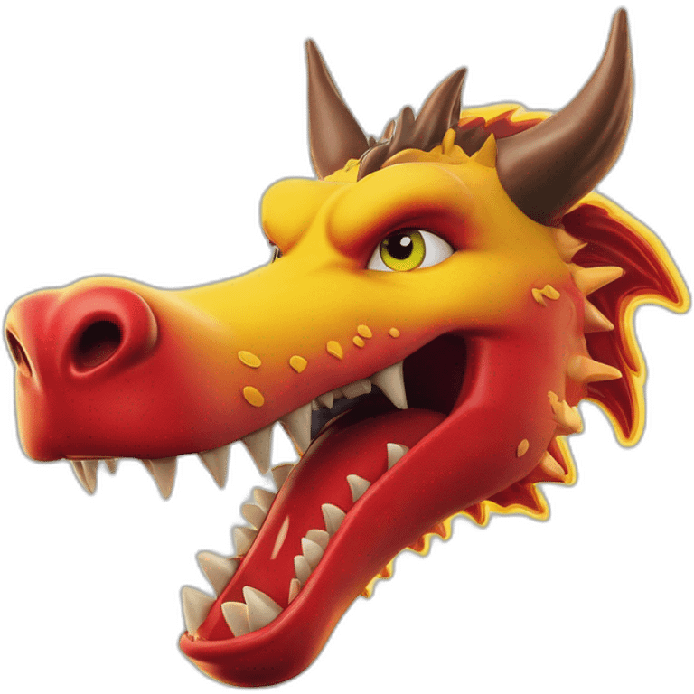 Un dragon mi loup rouge et jaune moutardes, avec des corne jaune moutard. Il qui crache du feux emoji