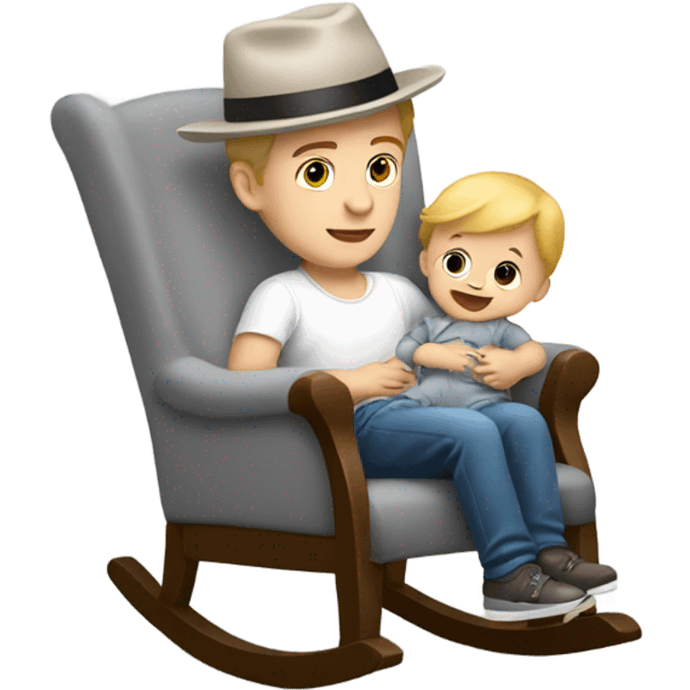 Young white man in hat rocking a white baby in puffy grey rocker  emoji