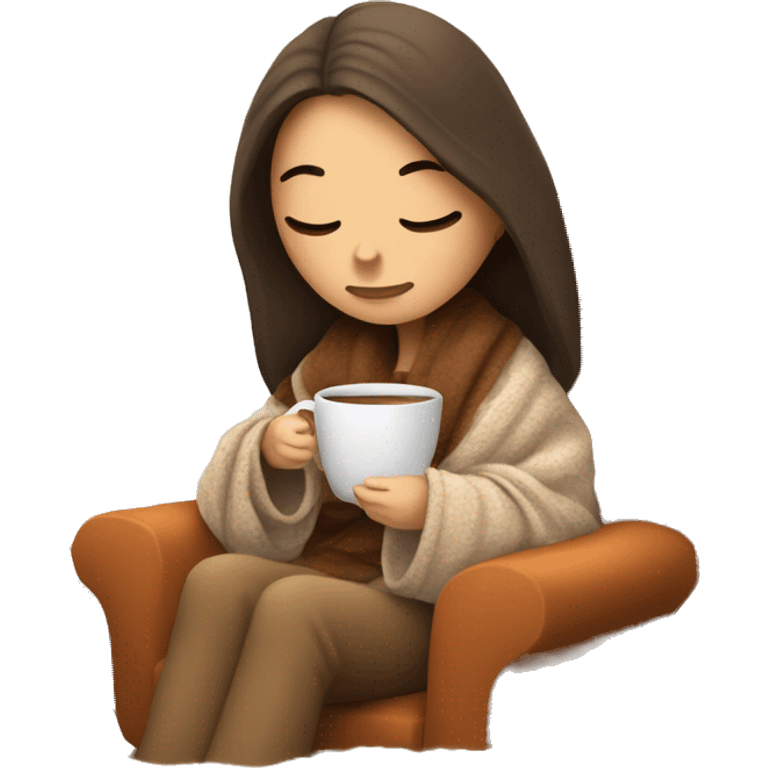 Brunette white girl covered in blanket autumn vibe sitting on a cozy chair holding coffee eyes closed emoji