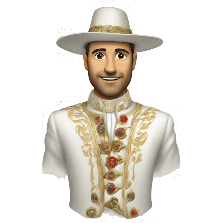 An emoji of a traditional Turkish circumcision outfit, featuring a white suit with decorative embroidery, a cape, and a matching hat adorned with feathers emoji