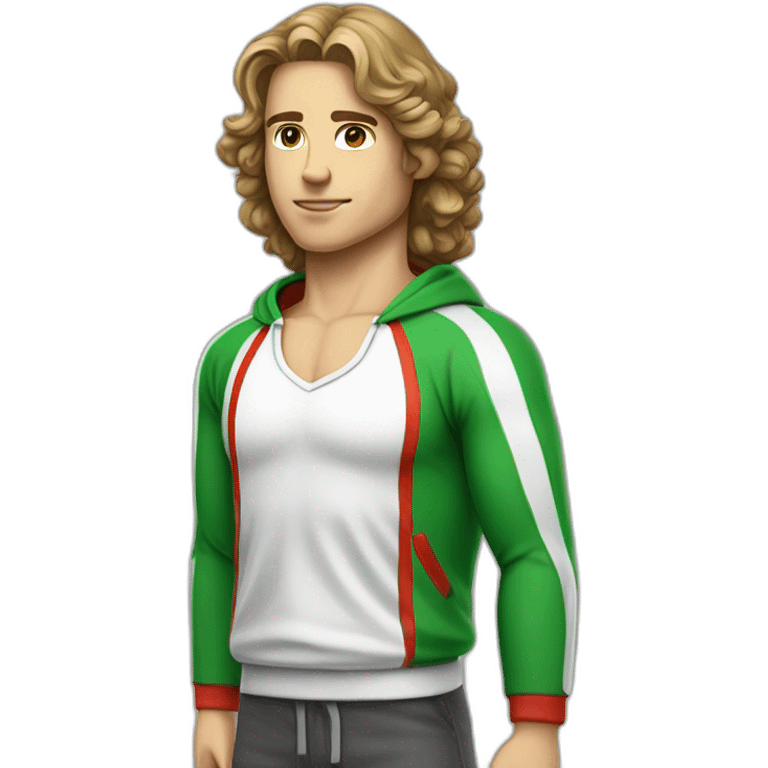 retro 70s red and green gym clothes for a modern white brunette uni male student with glass emoji