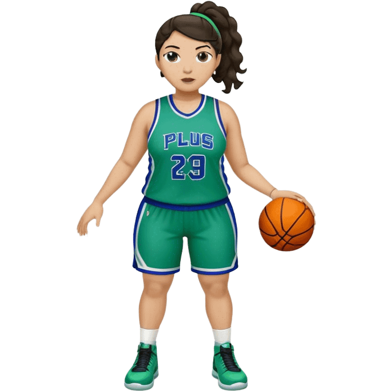 full body plus size light skin latino women basketball player with wavy dark hair in pony tail wide nose wearing blue with green uniform emoji