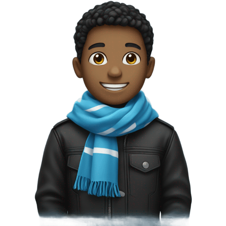 smiling boy in black jacket wearing blue and white scarf emoji