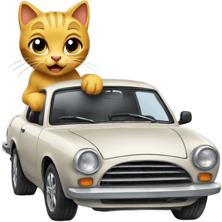 A cartoon emoji-style car with a curious cat peeking out from the open hood of the engine compartment. emoji